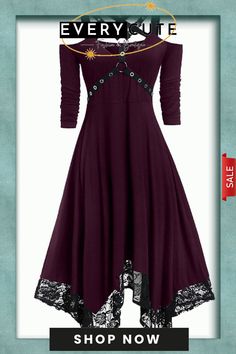 Gothic High Waist Ruffle A-line Dresses with Shoulder Bandage Fall A-line Dress With Lace Trim, A Line Dresses, Long T, Women's Fashion Dresses, A Line Dress, Ruffles, Autumn Winter, High Waist, Fashion Dresses