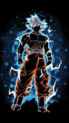 the character gohan from dragon ball is shown in an artistic manner with blue and orange colors