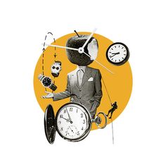 an illustration of a man in a suit with clocks on his face and hands holding the clock