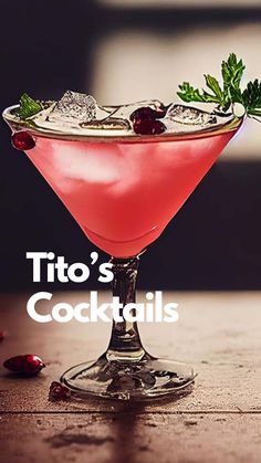 a pink cocktail with garnish on the rim and text that reads, tio's cocktails