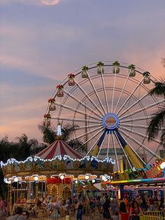 an amusement park at dusk with ferris wheel and rides