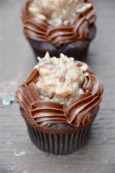 two chocolate cupcakes with frosting on top