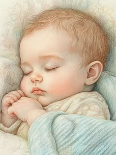 a drawing of a baby sleeping with his head on his hands and the eyes closed