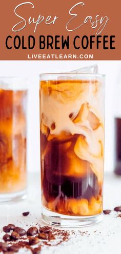 two glasses filled with cold drinks and coffee beans