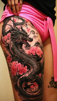 Dragon Thigh Tattoo, Arm Tattoo Ideas, Full Leg Tattoos, Dragon Tattoo For Women, Full Body Tattoo, Leg Tattoos Women, Tatuaje A Color, Pretty Tattoos For Women