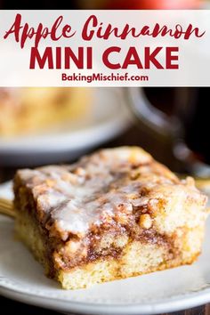 an apple cinnamon mini cake on a plate with the title in the middle above it