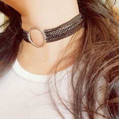 "♦ A silver chain choker, made of silver-plated brass in a Very high quality, The chain is made up of rows of silver and black chains with an O-Ring pendant decorating its center. SIZE Length: 11.8\" (30cm) up to 15.8\"(40cm) hoop size: 1.37\"(3.5cm) Pendant width: 1.37\"(3.5cm) ♦ This piece of jewelry is perfect as a gift for yourself, for a wedding day, Valentine's day or a birthday. If you're interested in sending a gift to a third party, just write your message to the recipient and I will do Adjustable Sterling Silver Chain Choker, Sterling Silver Chain Choker, Sterling Silver Chunky Chain Choker, Metal Choker With Oxidized Finish, Metal Silver Chain Link Choker, Metal Chain Link Silver Chain Choker, Edgy Silver Chain Link Jewelry, Edgy Oxidized Metal Jewelry, Metal Chain Choker Necklace