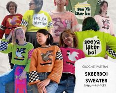 the children are wearing sweaters with different designs on them and posing in front of a white background