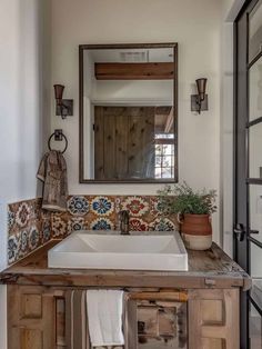 Bathroom Backsplash: Artisan Tile Behind the Sink Southwestern Master Bath, Bathroom Sink With Tile Backsplash, Spanish Tile Bathroom Wall, Santa Fe Style Bathroom Ideas, Tuscan Tile Bathroom, Mexican Restroom, Mexican Restaurant Bathroom, Tile Behind Bathroom Sink, Artisan Tile Backsplash