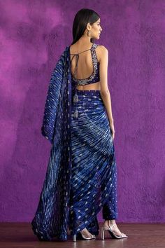 Shop for Qbik Blue Raw Silk Pre-draped Pant Saree With Blouse for Women Online at Aza Fashions Raw Silk Embroidery, Pant Saree, Dhoti Saree, Embroidery Beads, Drape Pants, Drape Saree, Blue Saree, Ink Blue, Pattern Embroidery