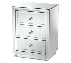 a mirrored nightstand with three drawers and chrome handles on the bottom, against a white background