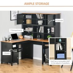 the corner desk is labeled with instructions for how to fit it and what to put in it