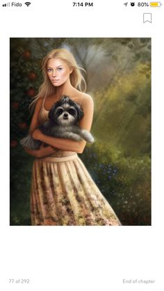 a painting of a woman holding a dog in her arms, with the caption that reads