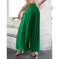 Green High Waist Pleated Wide Leg Casual Pants Pleated Summer Trousers, Summer Pleated Trousers, Pleated Wide-leg Pants For Summer, Summer Pleated High-waisted Pants, Pleated Wide Leg Pants For Summer, Summer Pleated Ankle-length Pants, Casual Pleated Summer Pants, Casual Summer Pleated Pants, Non-stretch Pleated Pants For Summer