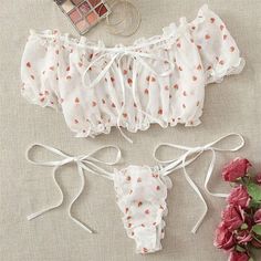 Hot Costume, Printed Bras, Mesh Bra, Lace Outfit, Strawberry Print, Floral Outfit, Print Chiffon, Bra Set, Lace Bra