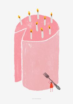 a pink cake with candles and a fork