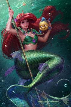 the little mermaid is holding a fish in her hand