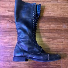 Rare Steven By Steve Madden Troopa Distressed Combat Calf Boots. These Boots Are A Diamond In The Rough! The Leather Is Soft And Fits Comfortably With The Help Of Adjustable Laces. They Have A Pre-Distressed Look And Are In Great Condition! Make Me An Offer! Casual Leather Combat Boots With Wide Calf, Casual Wide Calf Leather Combat Boots, Fitted Leather Lace-up Punk Boots, Casual Snip Toe Combat Boots For Fall, Casual Combat Boots With Snip Toe For Fall, Distressed Moto Boots With Round Toe, Fitted Leather Knee-high Combat Boots, Fitted Knee-high Leather Combat Boots, Casual Distressed Leather Boots