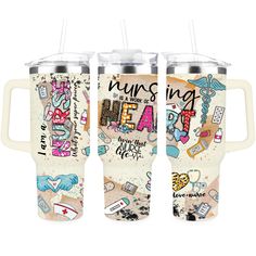 three travel mugs with different designs and words on the front, one has a straw in it