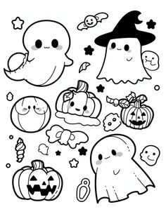 halloween coloring pages for kids with ghost, pumpkins and ghost faces in black and white