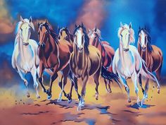 a group of horses running across a desert field with clouds in the sky behind them