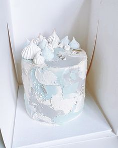 a white cake with blue frosting and seashells on top sits in a box