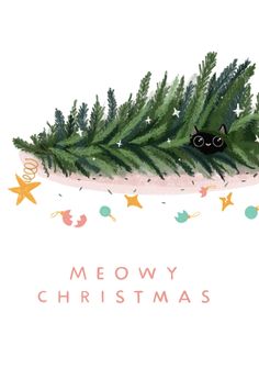 a christmas card with an image of a cat peeking out from the top of a fir tree