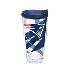 the new england football team tumbler cup is shown with blue lid and an american flag design