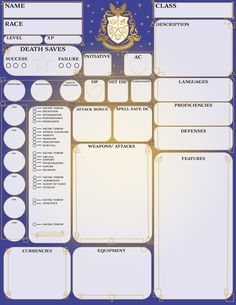 the harry potter character sheet is shown in blue and gold, as well as other items