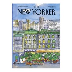 the new yorker magazine cover with potted plants in front of buildings and people walking by