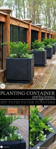 an outdoor patio with planters on it and the words, planting container diy patio paver planters