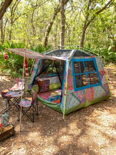 Cozy Cottage Camp Tent - Folk Flower Patchwork-view 1 Cute Camping Tent, Tent Camping Aesthetic, Boho Tent, Flower Patchwork, Perfect Gift Wrapping