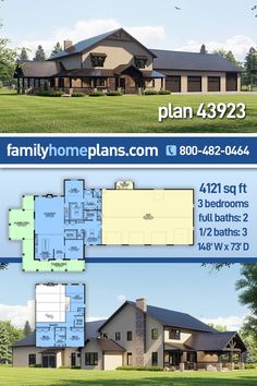 two story house plan with 3 bedroom and 2 bathrooms in the front, an open floor plan