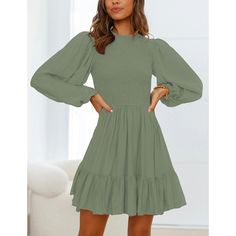 Army Green Ruffle Detail Smocked Long Sleeve Dress Casual Mini Dress With Lantern Sleeves, Casual Dresses With Lantern Sleeves In Solid Color, Knee-length Ruffled Smocked Dress For Brunch, Knee-length Ruffles Smocked Dress For Brunch, Knee-length Smocked Dress With Ruffles For Brunch, Solid Smocked Long Sleeve Dress, Long Sleeve Solid Color Smocked Dress, Long Sleeve Smocked Dress With Smocked Cuffs, Solid Long Sleeve Smocked Dress