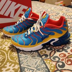 This Pair Of Nikes Are Brand New, Ordered For My Daughter And Got The Wrong Size, Love The Colors, Blueish, Yellow, Hot Pink N White. You Can Either Tie A Bow Or You Can Stuff Shoelaces Down In Your Shoes Like I Showed In Picture!! They Are A Big Kid Size 5, Which Is A Size 7-7.5 In Women's Shoes!! Blue Sports Sneakers For Spring, Blue Sneakers For Sports In Spring, Blue Sneakers With Air Max Cushioning For Spring, Blue Air Max Sneakers For Spring, Blue Sneakers With Air Cushioning For Spring, Shoe Goals, Air Max Plus, Nike Air Max Plus, Big Kid