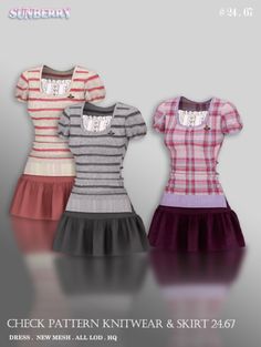 three dresses with different colors and patterns on them, one in grey, the other in pink