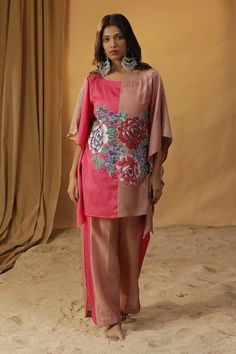 Pink color block kaftan with floral hand painted motif and tasselled embroidery. Paired with coordinating pant. - Aza Fashions Pant For Women, Palazzo Set, Tarun Tahiliani, Hand Paint, Pants Pattern, Blue Velvet, Set For Women, Aza Fashion, Full Sleeve