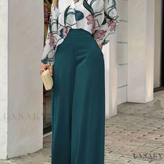 Lasaky - Chic Contemporary Two-Piece Ensemble: Floral Print Button-Front Shirt with Solid Wide-Leg Pants, Exquisite Womens Apparel Stylish Office Wear, 2022 Outfits, Wide Leg Pants Outfits, Wide Leg Pant Suit, Womens Apparel, Lady Fashion, Autumn Casual, Please Help Me, Boho Print