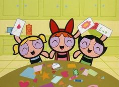 three cartoon characters are standing at a table