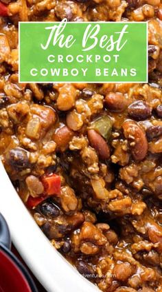 the best crockpot cowboy beans recipe in a red casserole dish with text overlay