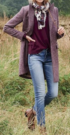 Burgundy Outfit, 2015 Trends, Mode Casual, Tweed Coat, 가을 패션, Fall Fashion Trends, Fall Winter Outfits, Scarf Styles