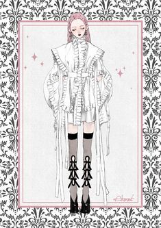 a drawing of a woman with pink hair and black stockings, standing in front of an ornate