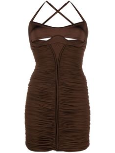 chocolate brown stretch-design cut-out detailing ruched detailing crossover shoulder straps concealed rear zip fastening thigh-length Brown Ruched Mini Bodycon Dress, Brown Ruched Mini Dress, Icy Girl, Brown Denim, Dress Home, Ruched Dress, Cocktail Dress Party, Chocolate Brown, Shoulder Straps