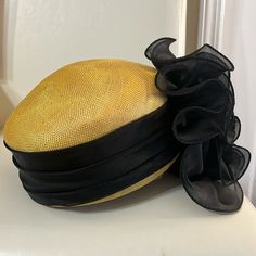 Nwot: Sonmi; San Francisco, Gold Straw Hat; With Black Ruffled Back Attachment. Wide Black Scarf Attached To The Black Ruffled Attachment. Beautiful Hat, For Stylish Head Wear. Simply Beautiful. Chic Adjustable Black Hat, Chic Adjustable Black Mini Hat, Elegant Black Adjustable Mini Hat, Elegant Black Adjustable Sun Hat, Black Summer Cap-shaped Sun Hat, Gold Straws, Women Hats, Couture Hats, Head Wear