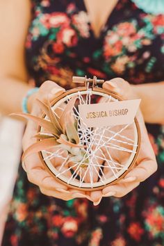 a person holding a piece of wood with a plant in it and the words jesus shop on it