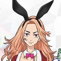 an anime character with long hair and bunny ears on her head, wearing a bow tie