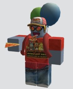 a person in a red shirt and hat with a box on his shoulder holding a pizza