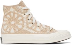 High-top cotton canvas sneakers in off-white. Crocheted detailing in beige throughout. · Round rubber cap toe · Lace-up closure · Logo patch at inner side · Rubberized logo patch at heel · Padded OrthoLite® footbed · Textured rubber midsole · Treaded rubber outsole Supplier color: Oat milk/Egret/Egret Converse Off White, Cowboy Christmas, Adidas Spezial, Converse Chuck 70, Chuck 70, Nike Air Max Plus, Newest Jordans, Oat Milk, Nike Cortez