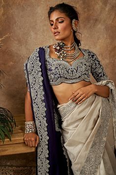 Ivory Embroidered Saree Set by Jayanti Reddy at Pernia's Pop Up Shop 2024 Jayanti Reddy Saree, Scalloped Blouse, Beige Silk, Baby Shower Outfit, Saree With Blouse