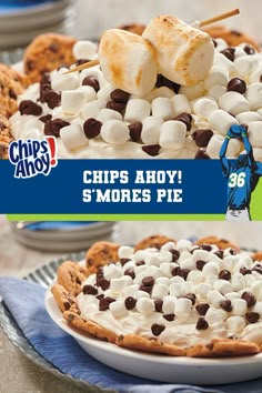 there is a pie with marshmallows and chocolate chips on it that says chips ahoy s'mores pie